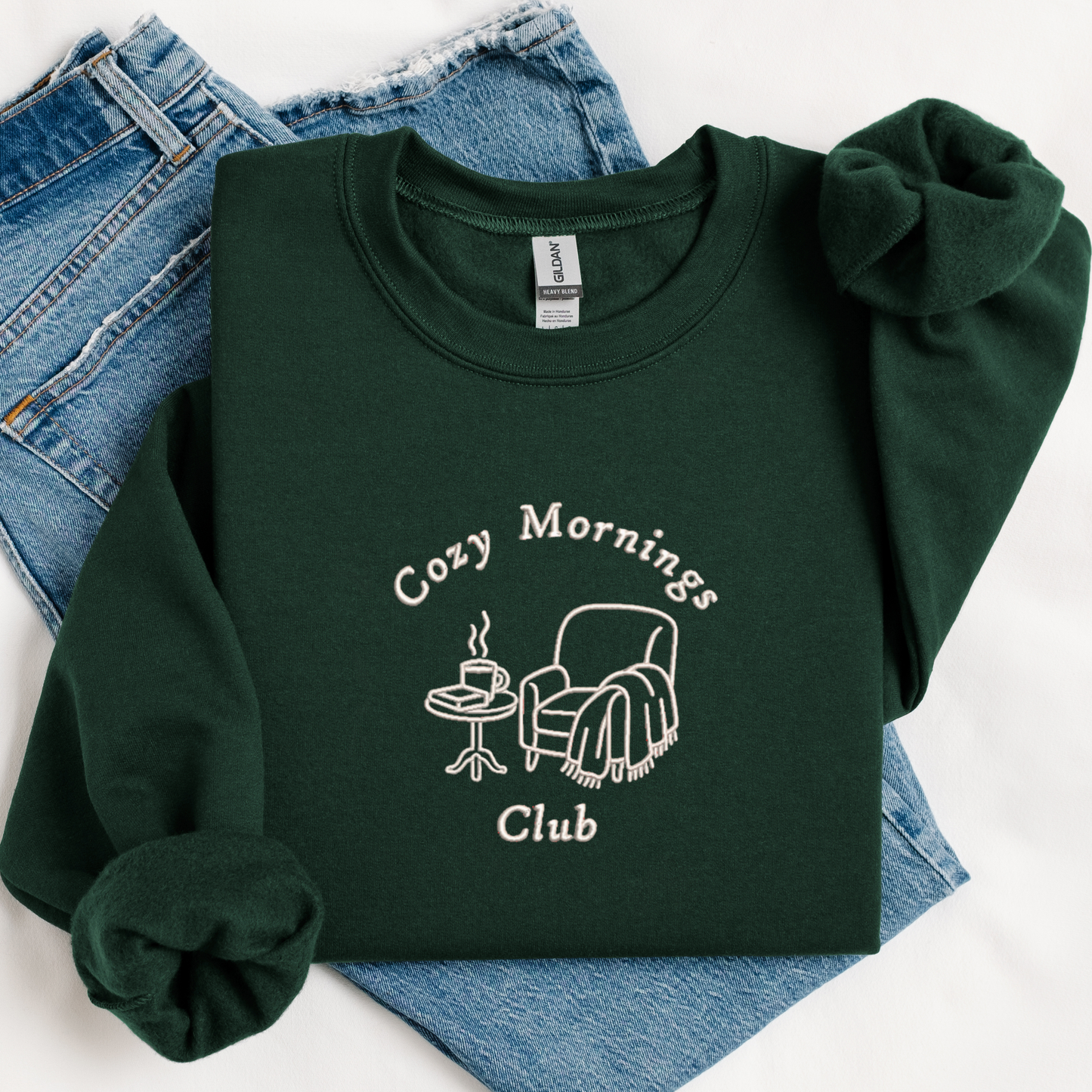 Cozy Mornings Club — Embroidered Gildan Crewneck