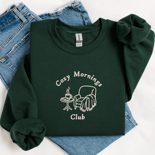 Cozy Mornings Club — Embroidered Gildan Crewneck