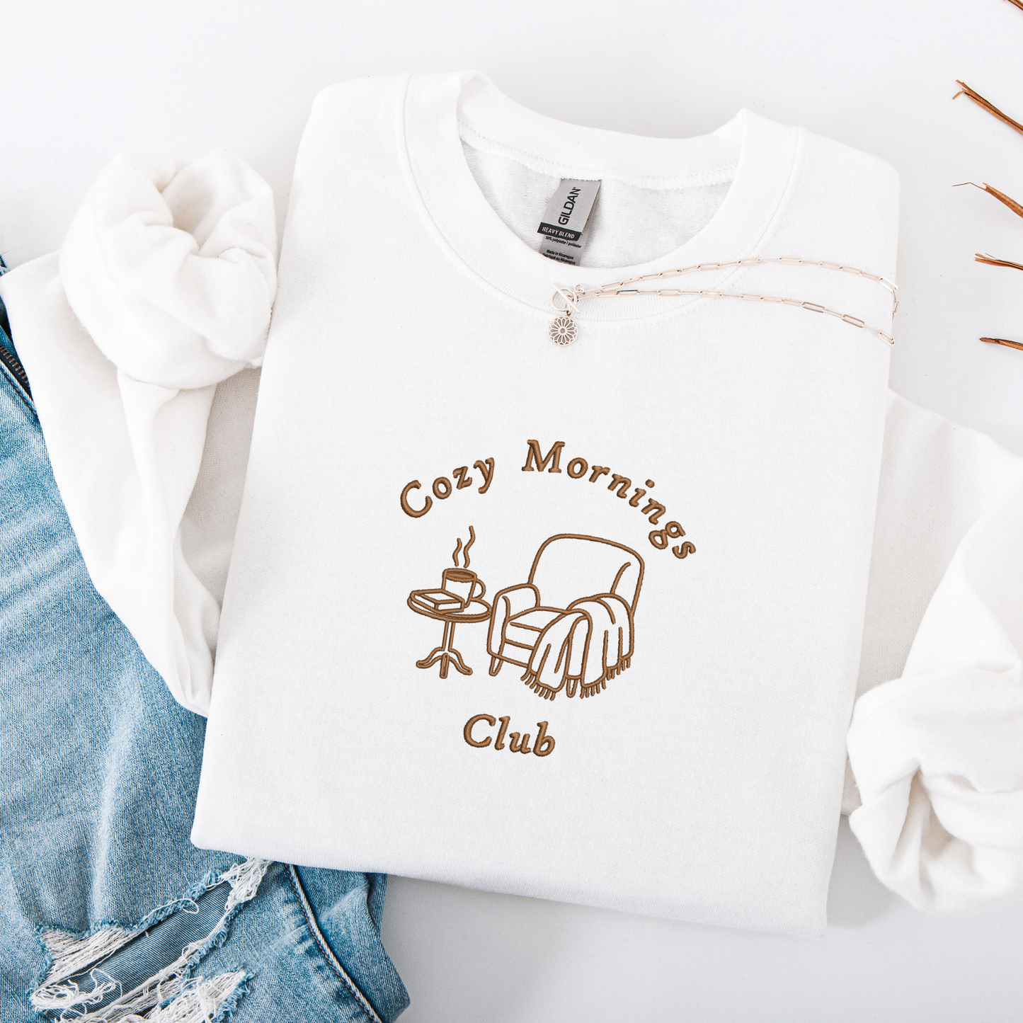 Cozy Mornings Club — Embroidered Gildan Crewneck