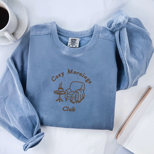 Cozy Mornings Club — Embroidered Comfort Colors Crewneck