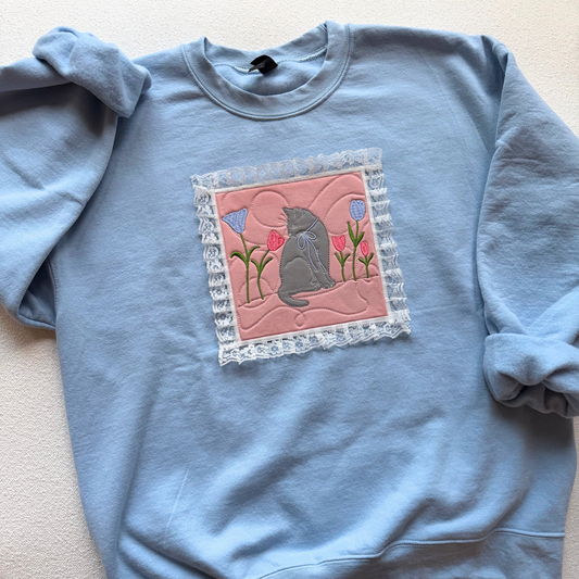 Garden Daydream Cat — Applique Embroidered Gildan Crewneck