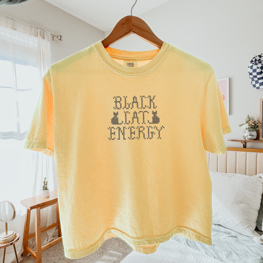 Black Cat Energy — Embroidered Comfort Colors Cropped Tee