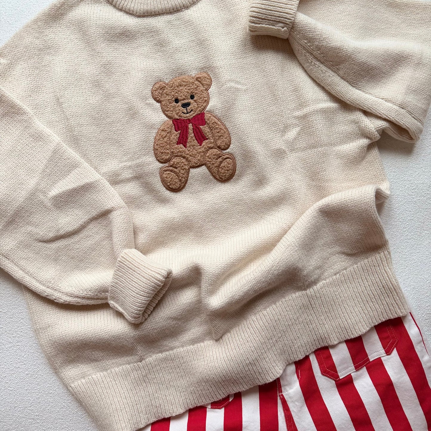 Fuzzy Teddy Bear — Applique Embroidered Knit Sweater