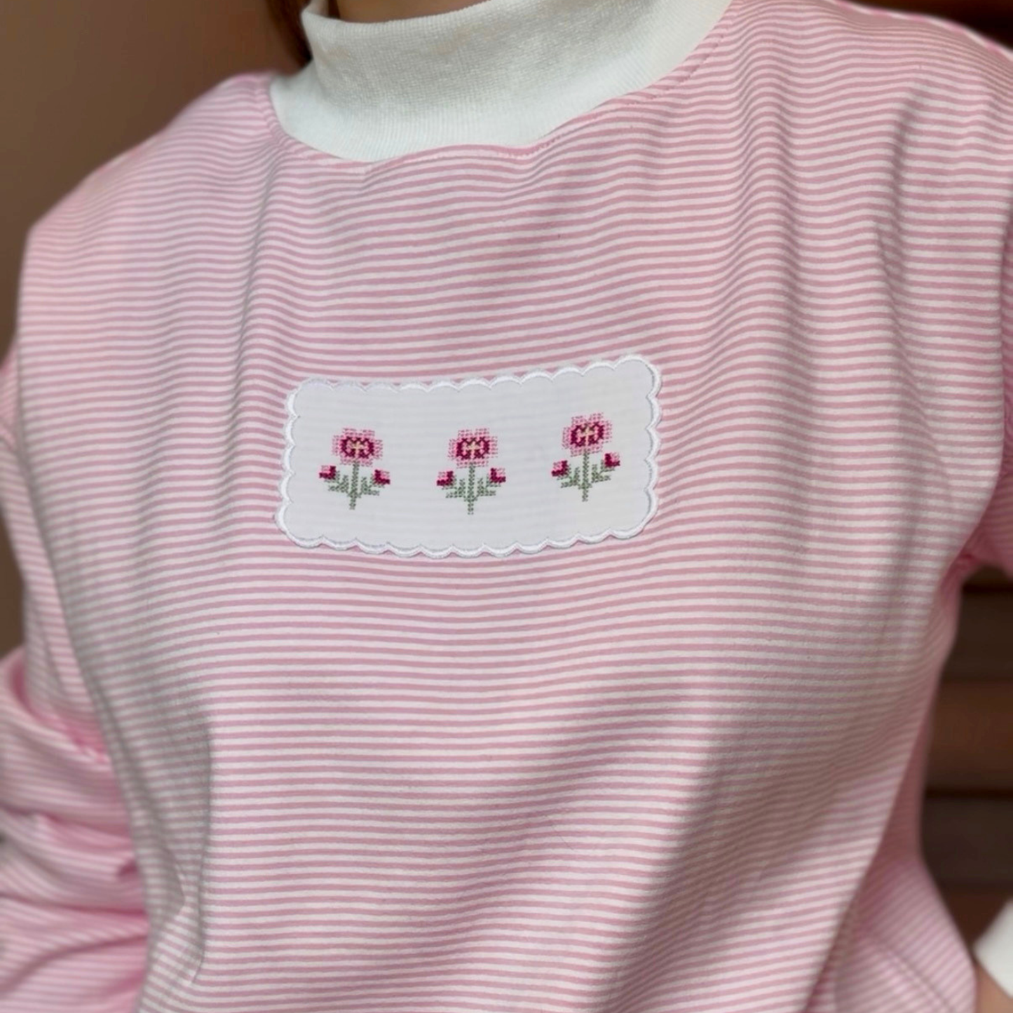 Cross-Stitch Pansies — Applique Embroidered Striped Mock Neck