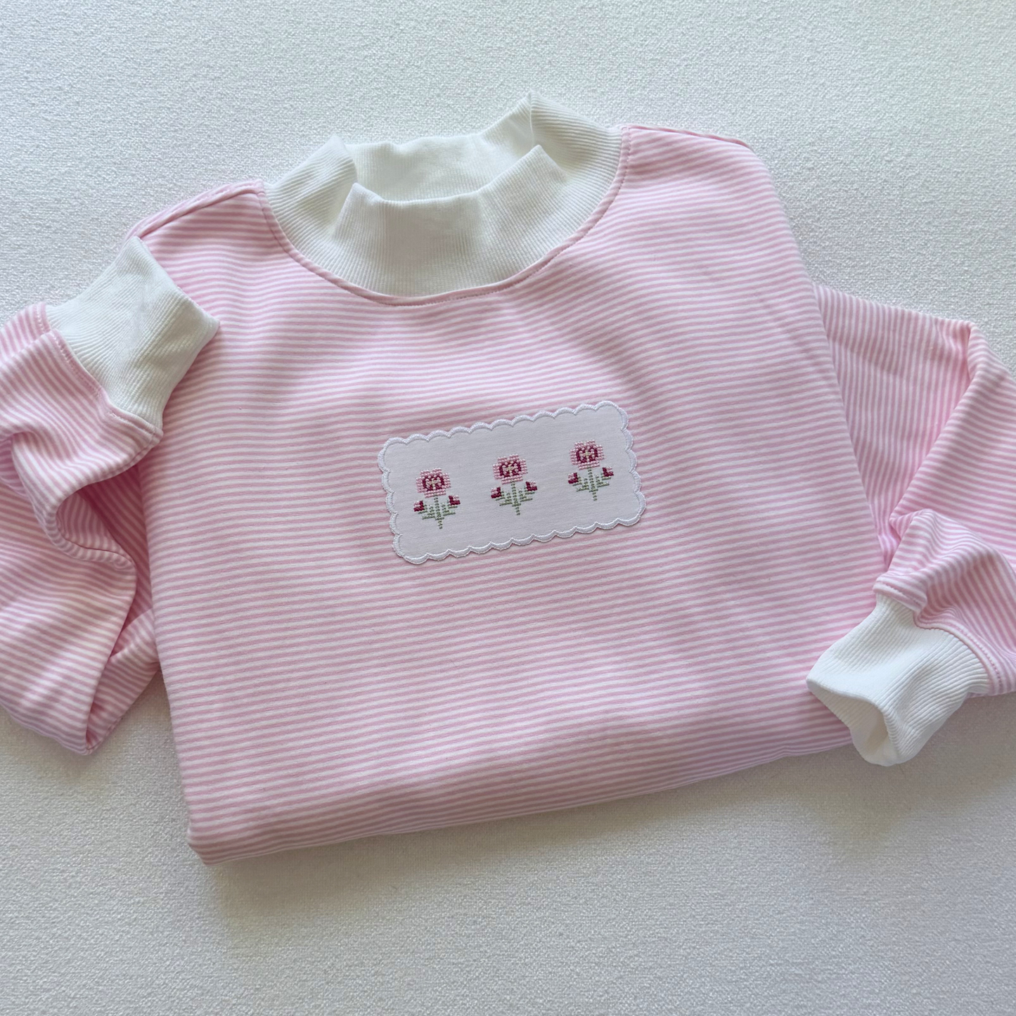 Cross-Stitch Pansies — Applique Embroidered Striped Mock Neck