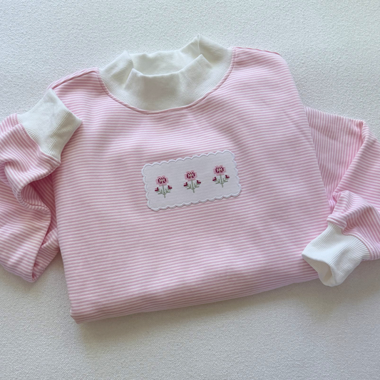 Cross-Stitch Pansies — Applique Embroidered Striped Mock Neck
