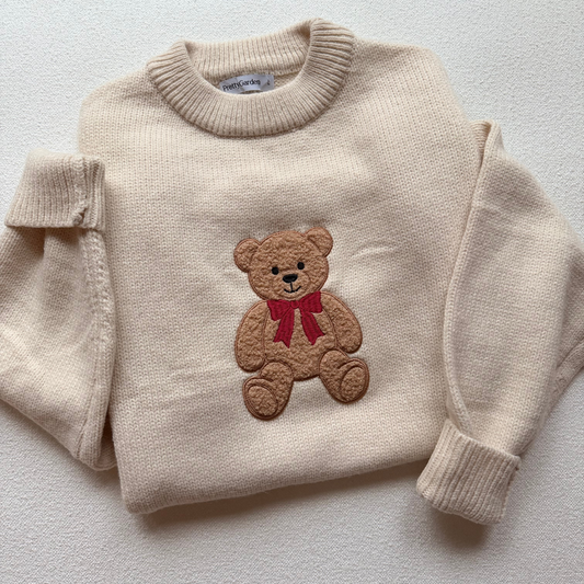 Fuzzy Teddy Bear — Applique Embroidered Knit Sweater