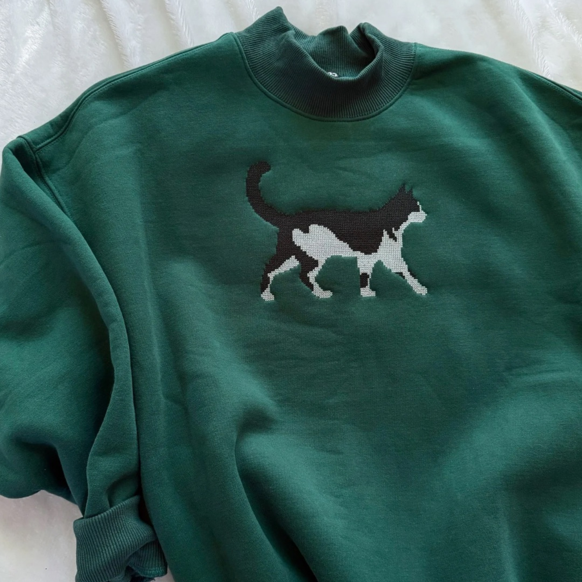 Custom Cross-Stitch Cat — Embroidered Mock Neck Sweatshirt