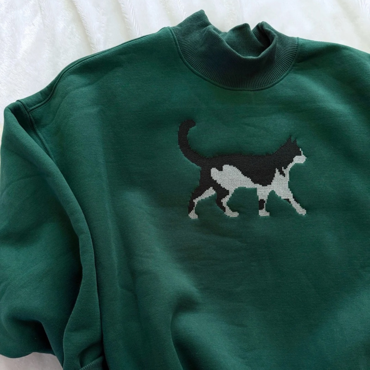 Custom Cross-Stitch Cat — Embroidered Mock Neck Sweatshirt