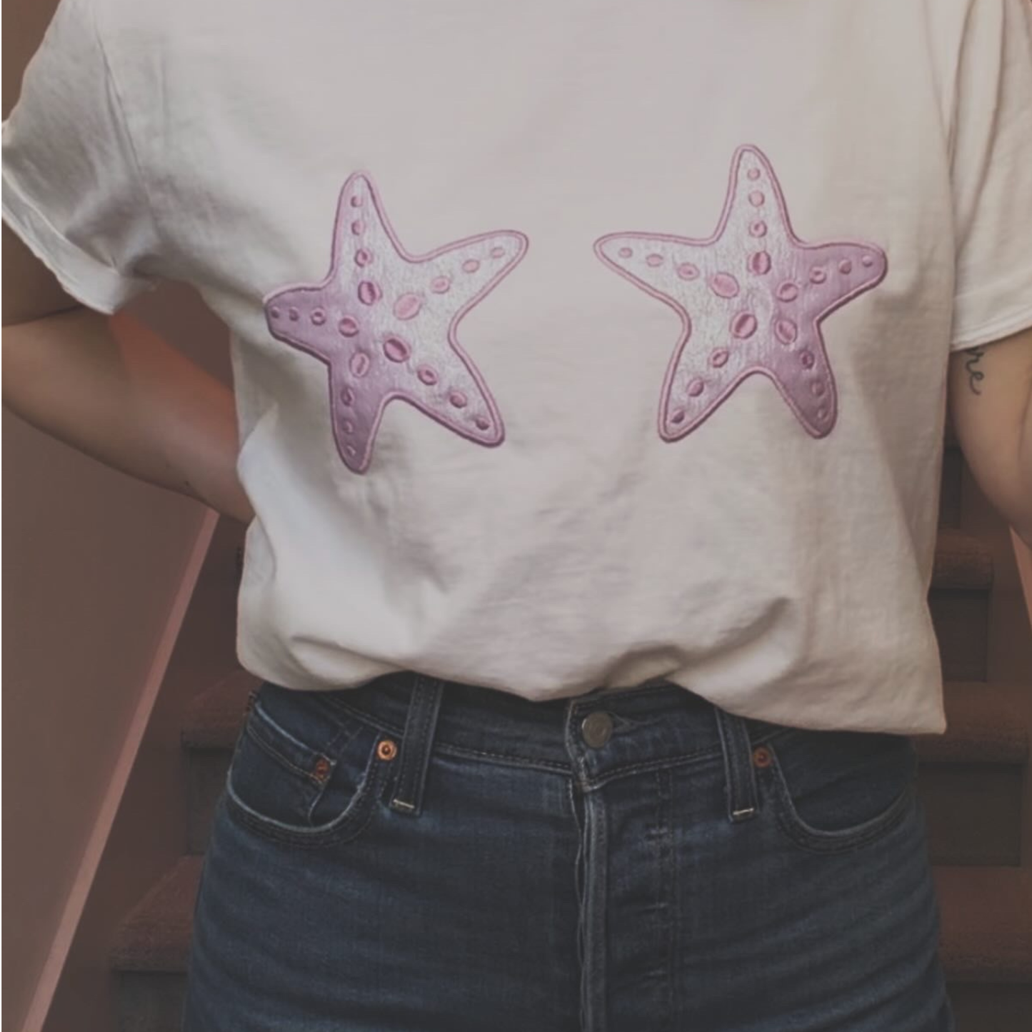 Mermaid Dreams — Starfish Bra Applique Embroidered Comfort Colors Tee
