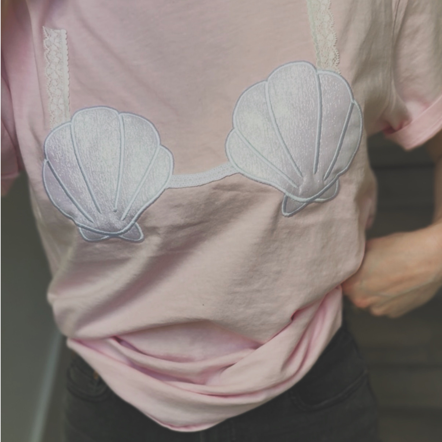 Mermaid Dreams — Seashell Bra Applique Embroidered Comfort Colors Tee