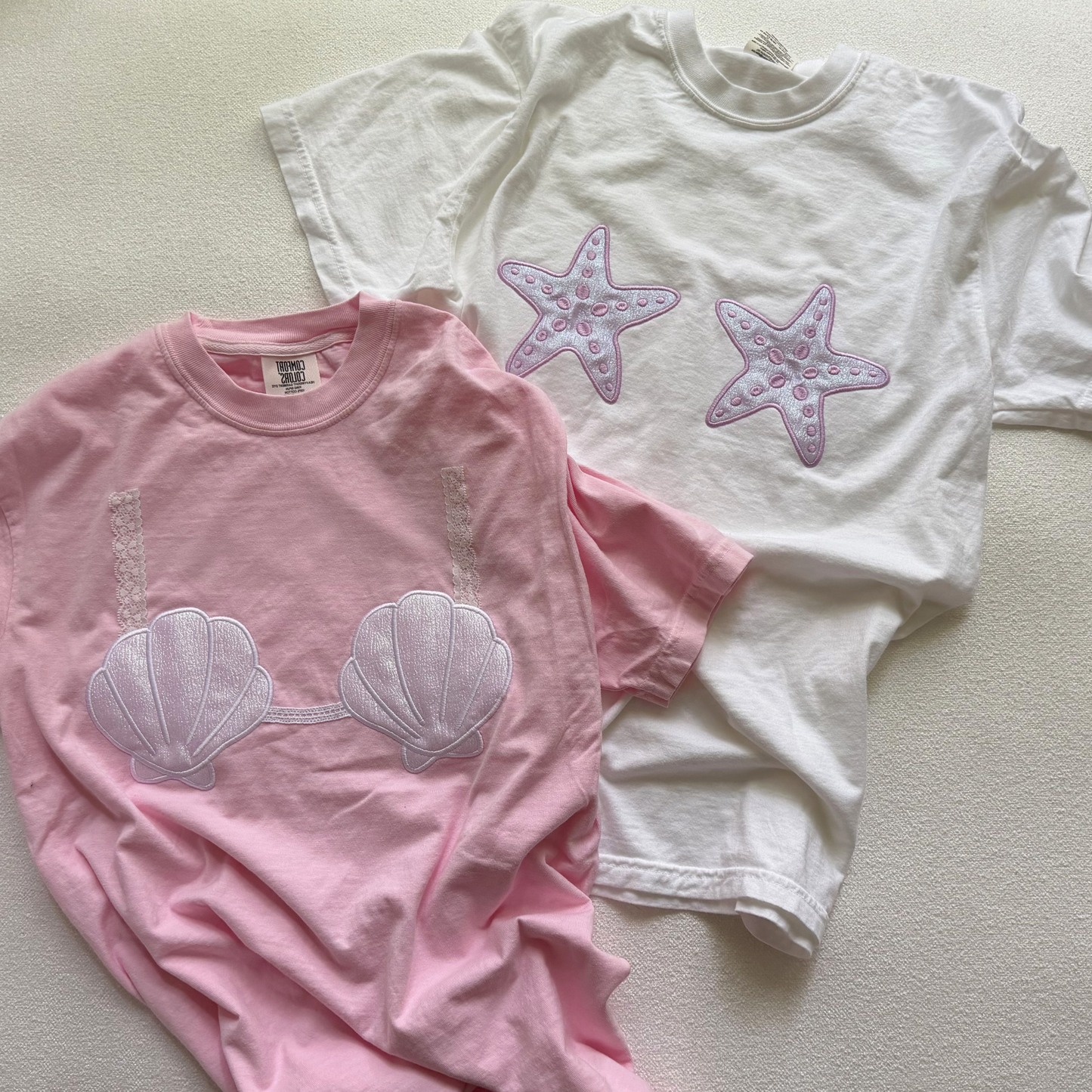 Mermaid Dreams — Seashell Bra Applique Embroidered Comfort Colors Tee