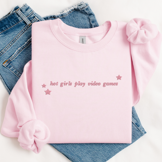 hot girls play video games — Embroidered Gildan Sweatshirt
